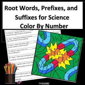 Science Vocabulary Root Words and Prefixes Review Color By Number Worksheet